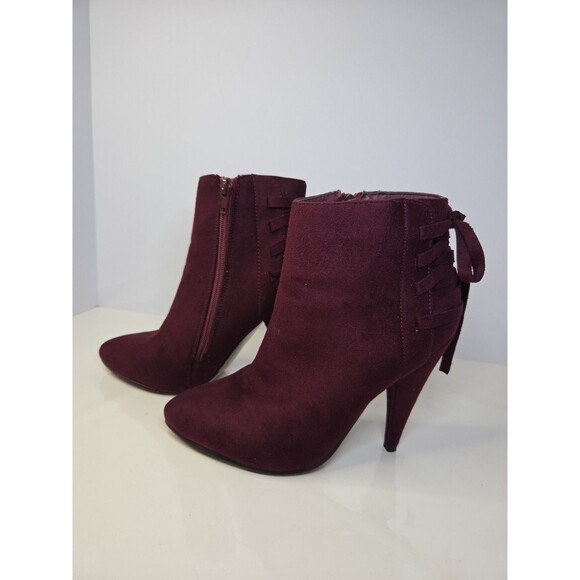 Izabella Rue Baker Maroon Suede Like Ankle Boots High Heel Zip Up S 7 Bow Detail - Picture 3 of 12